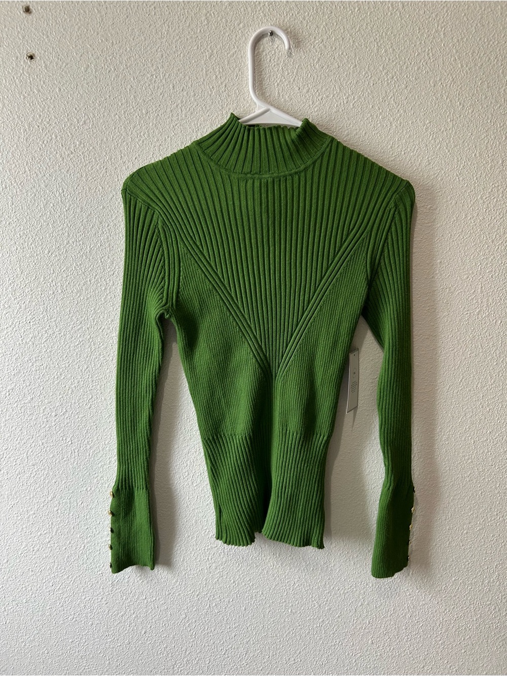 Green Ribbed Turtleneck Knit Top
